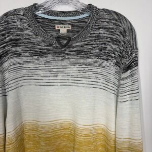 32 Bar Blues Men Knit Pullover Sweater Size L Gray Yellow Striped Crew Neck Cozy